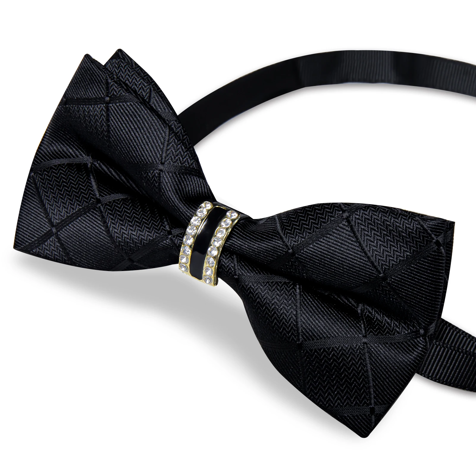 Pajarita preatada negra sólida con diamantes, medio anillo, decoración de moda, conjunto de gemelos cuadrados de bolsillo, pajarita de lujo para