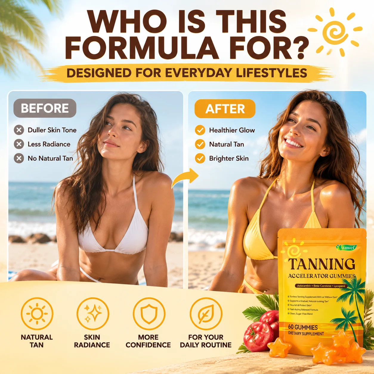 Tanning Accelerator Gummies Support Natural Tan Increase Skin Radiance More Beautiful and Confident  Astaxanthin 60pcs 30 Days