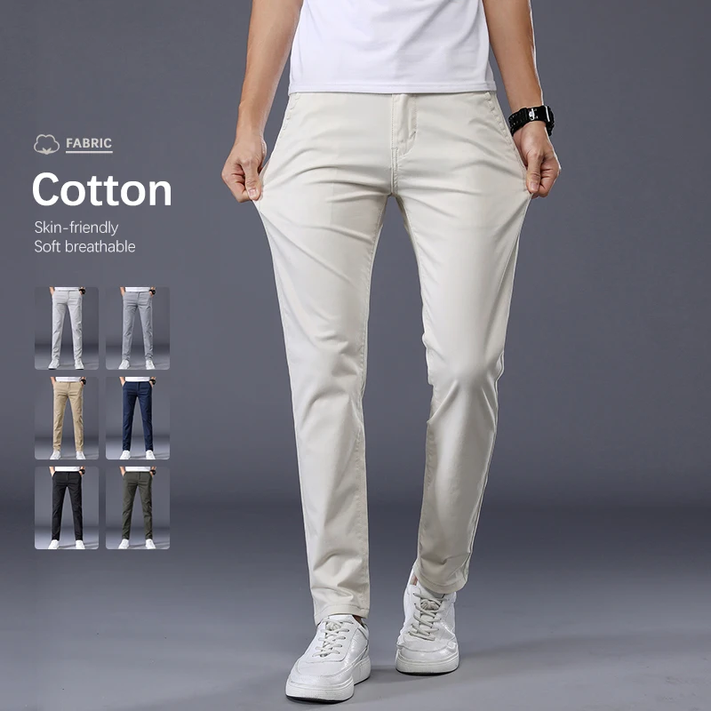 

98% Cotton Elastic Men's Casual Pants Spring Summer Slim Straight Korean Business Trousers Basic Match Youth Clothes