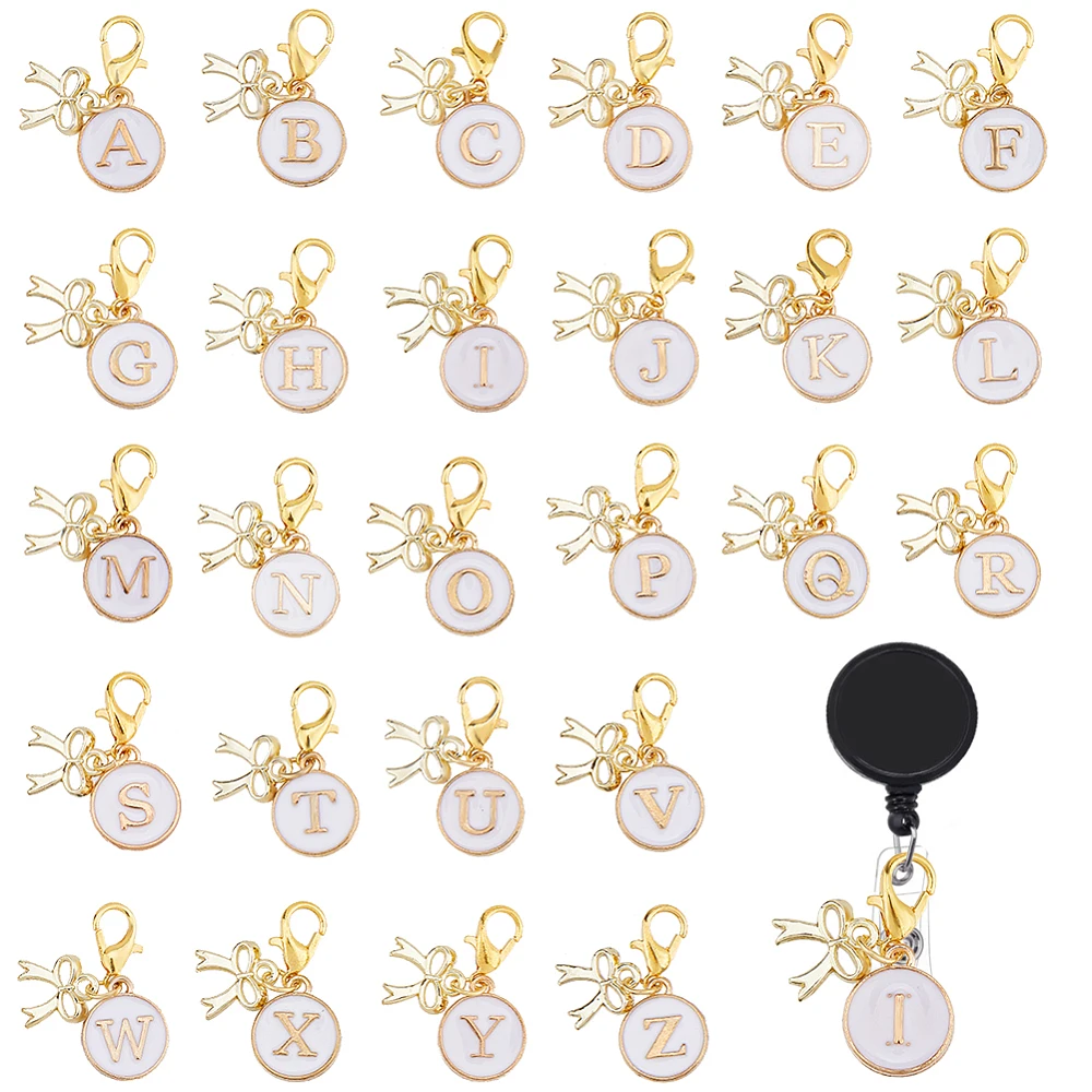 26pcs A-Z Alphabet Letters Charms Letter Badge Reel Charm Alloy Initial Pendants with Lobster Clasps Mini Badge Holder Charms