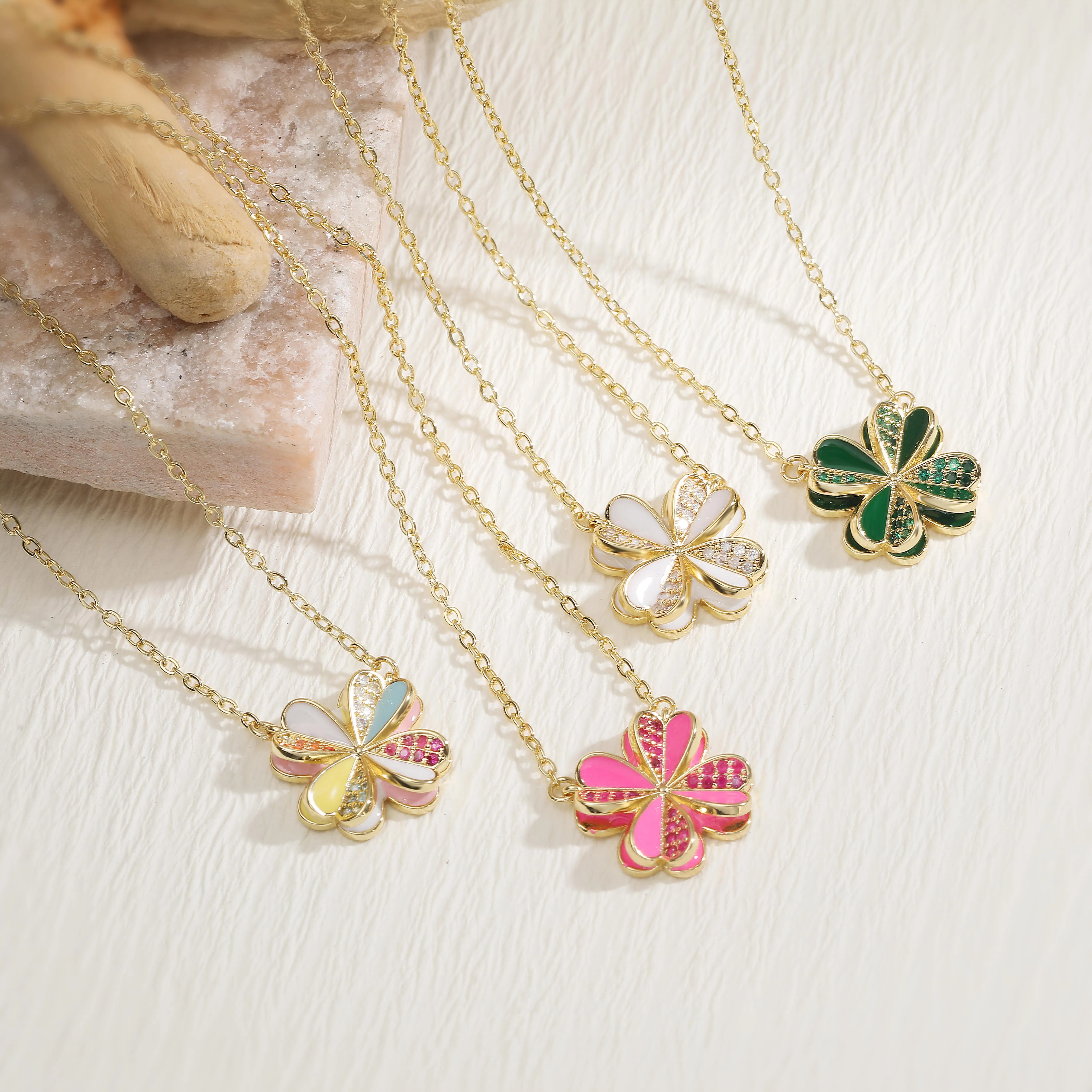 HECHENG,Enamel Dripping Glaze Zirconia Triple-Life Flower Butterfly Motif Charm Pendant Necklace Natural Romantic Style Jewelry