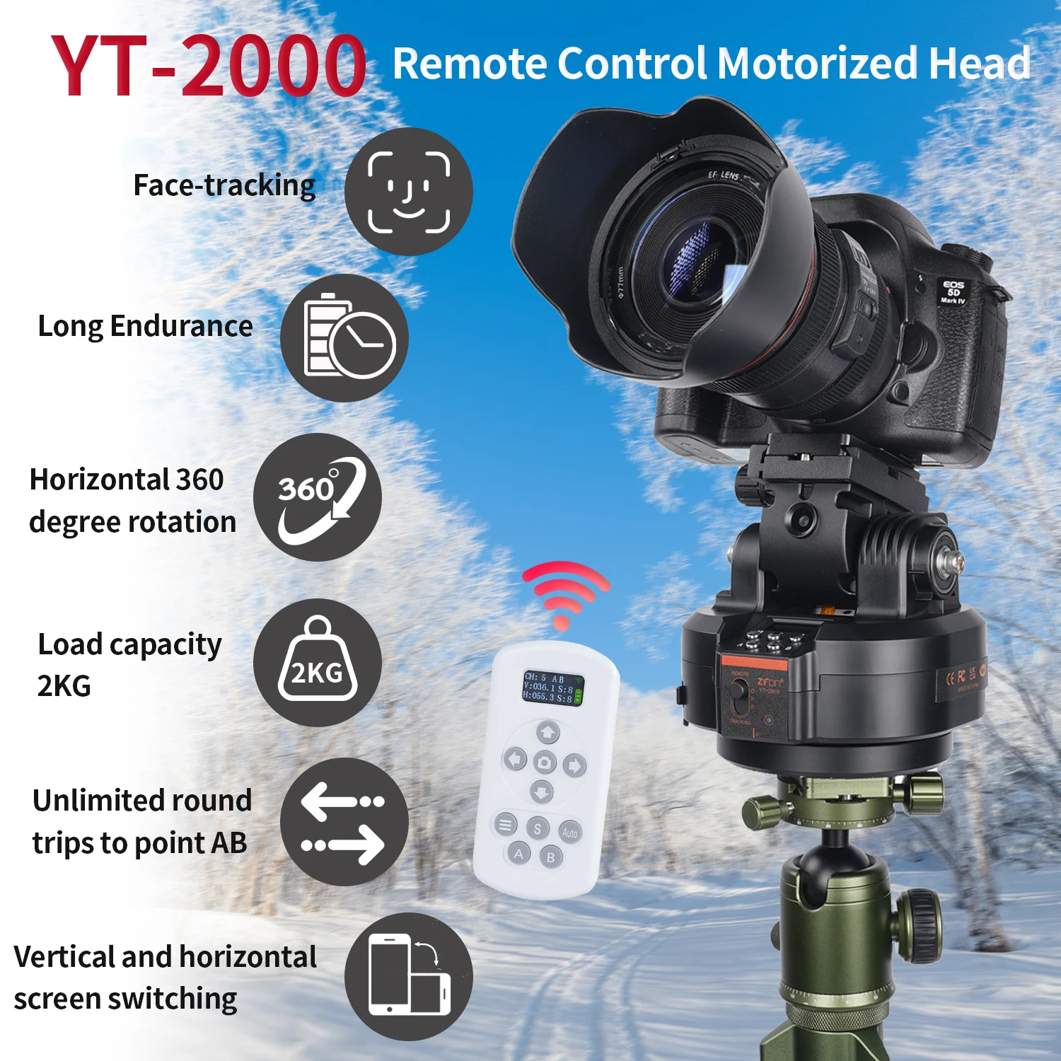 ZIFON YT2000 Remote Motorized PTZ, AI Face Recognition, Horizontal 360° Rotation for Camera Smartphone Action Camera Live Stream