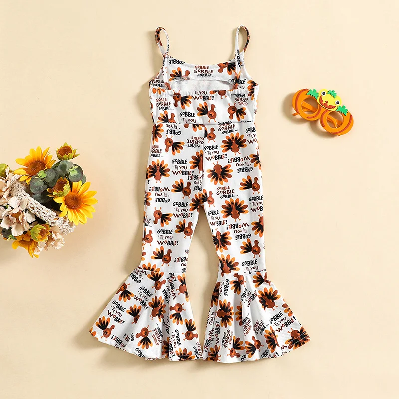 

Kids Sleeveless Romper Cute Turkey Print Sling Jumpsuit with High Waist Thanksgiving Lettering Pattern Bodysuit for Girls