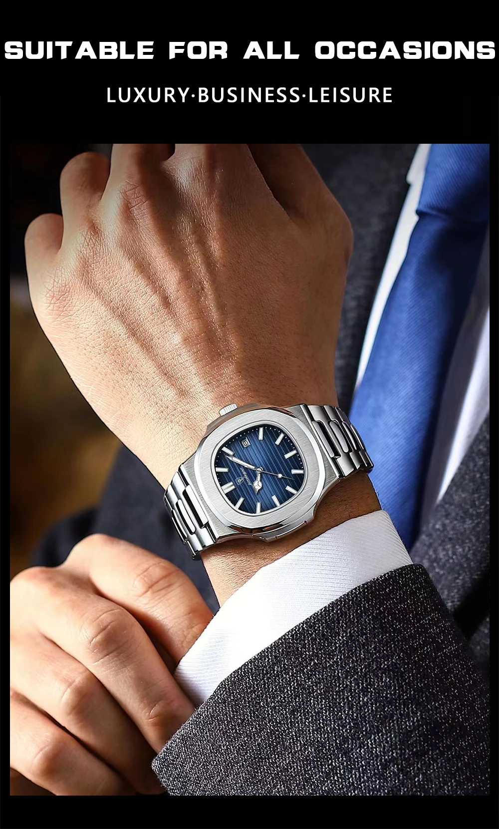POEDAGAR Fashion Square Quarz Mann Uhr Wasserdicht Leucht Datum Edelstahl Uhren Für Männer Luxus Business Männer Armbanduhr – Detail 12