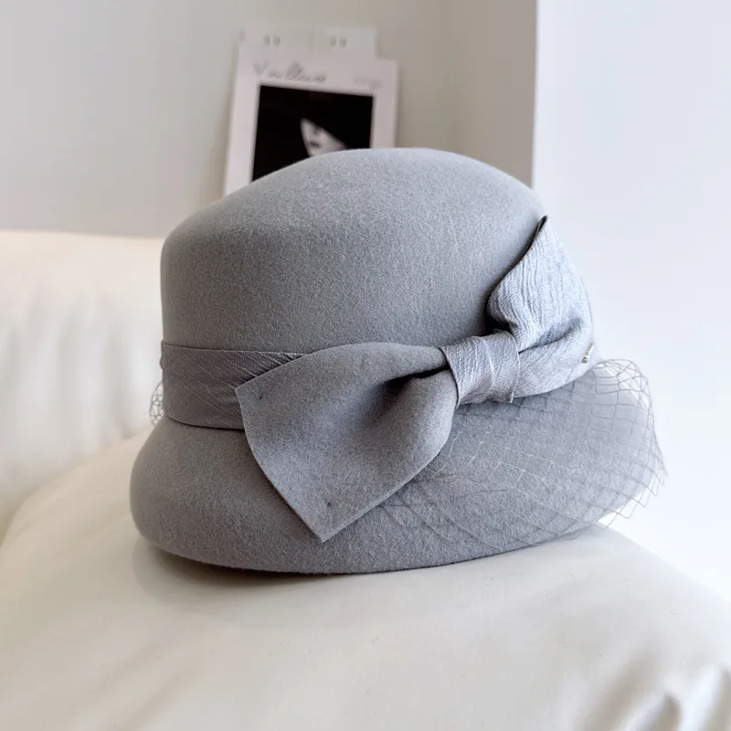 Hepburn small fragrant wool basin hat Autumn winter simple elegant bow fisherman hat women\'s banquet top hat