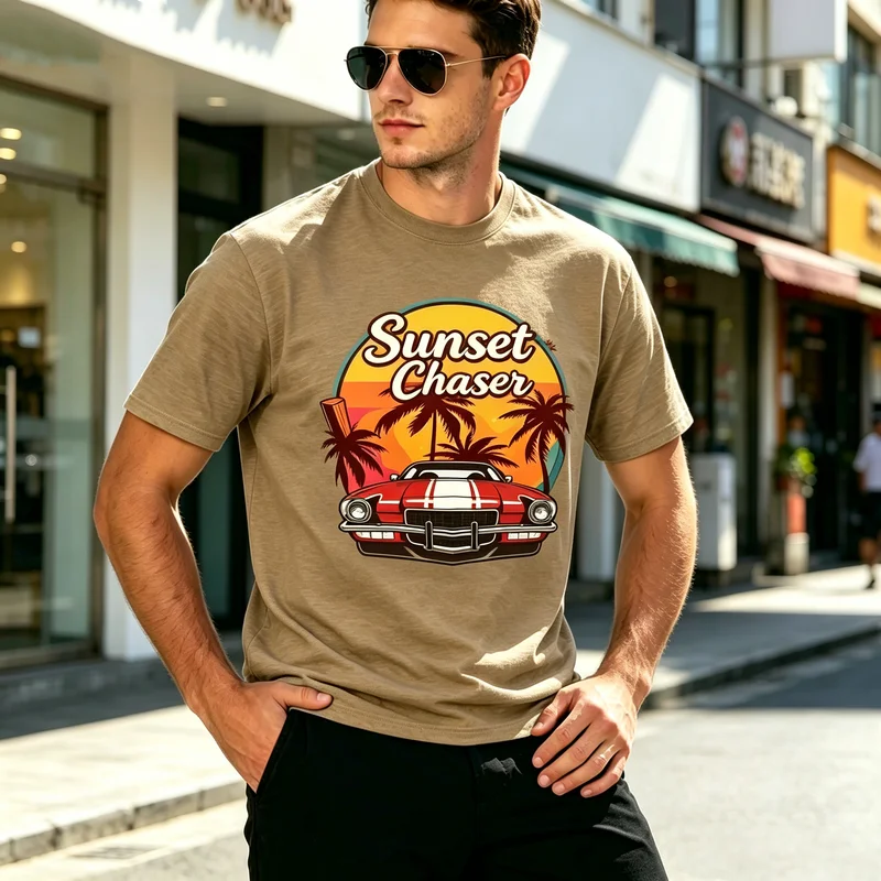 Retro Sunset Chaser Graphic Tee for Men Vintage Classic Car Print T-Shirt Casual Cotton Crewneck Short Sleeve Top Streetwear
