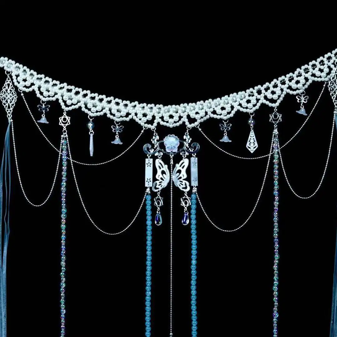 

Винтажная поясная цепочка Hanfu-стиль династии Тан, синий поясной аксессуар, китайские бижутерия, украшение для этнических танцев для женщин