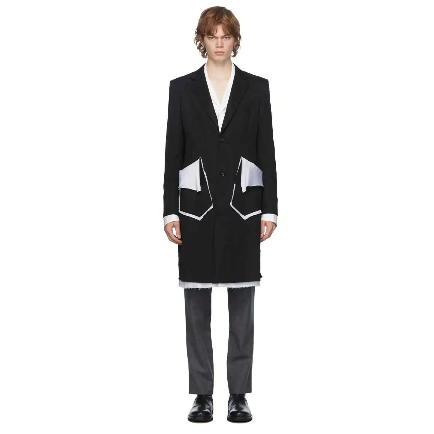 

YOJI OOAK ЧЕРНЫЙ черно-белый костюм средней длины с меховыми краями, свободный шерстяной костюм, куртка, оригинальный дизайн