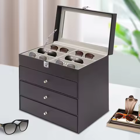 4-Tier Glasses Display Box,Watch Box Organizer Storage Case,Sunglasses Box with Glass Lid,Drawer&nbsp;lockable&nbsp;case&nbsp;organizer,Black