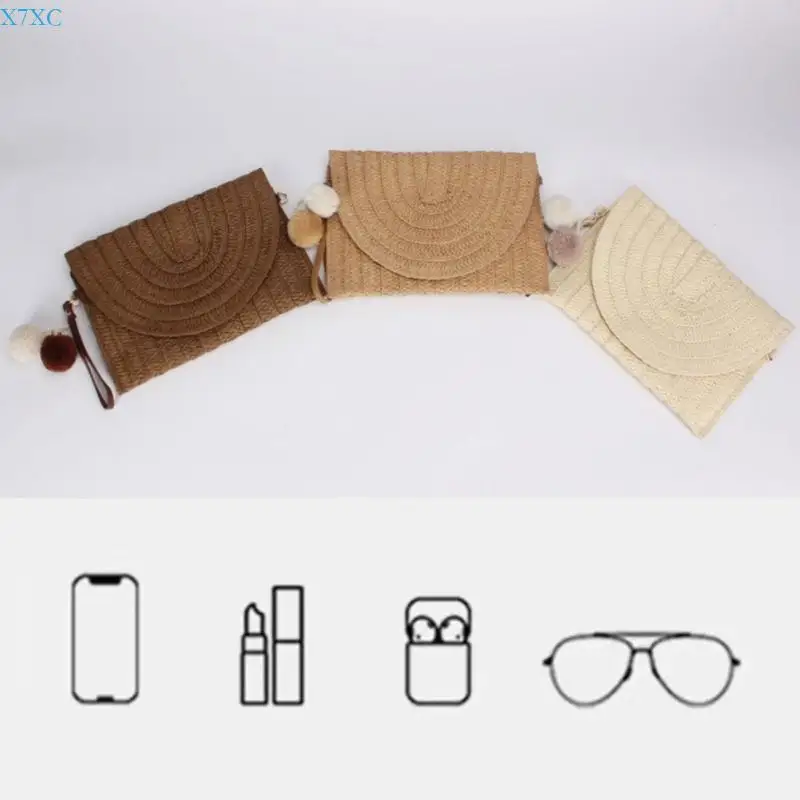 X7XC Женская пляжная сумка ручной работы Сумка на плечо Повседневная сумка Соломенная сумка через плечо Сумка