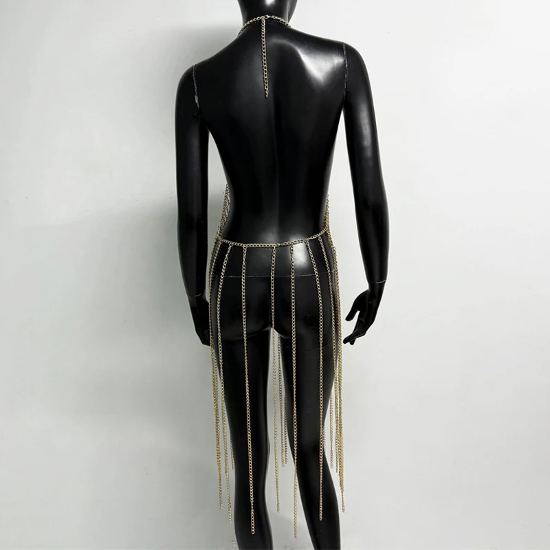 Damen Silberne Halter-Bodykette, Mehrschichtiger Quasten-Harness, Körperschmuck, Langer Fransen-Bodykleid für Club, Rave, Festival, Party – Detail 10