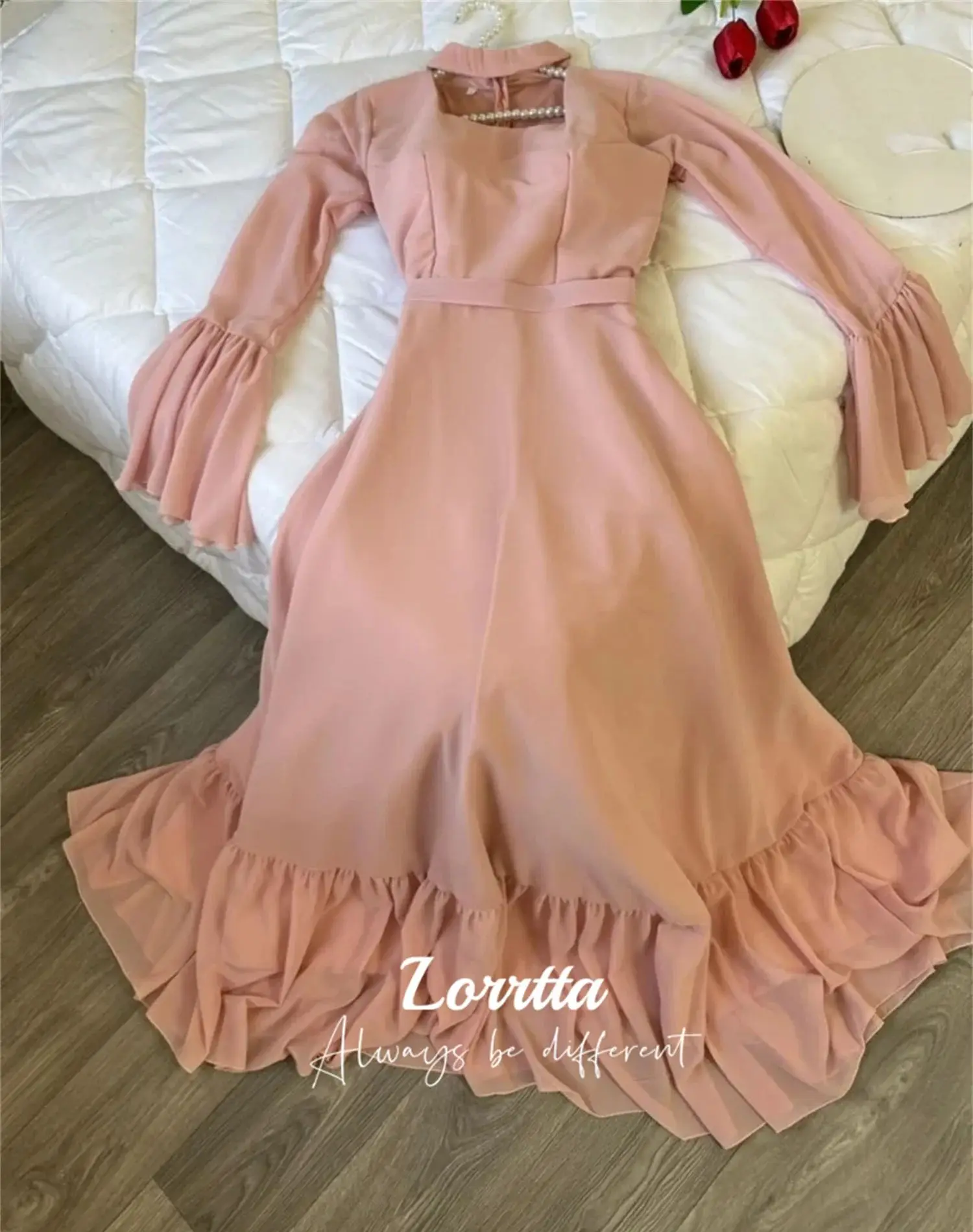 Lorrtta Elegant A-Line Pleated Simple Party Dress Chiffon Bell Sleeve Formal Floor Length Pink Evening Prom Gown Customized