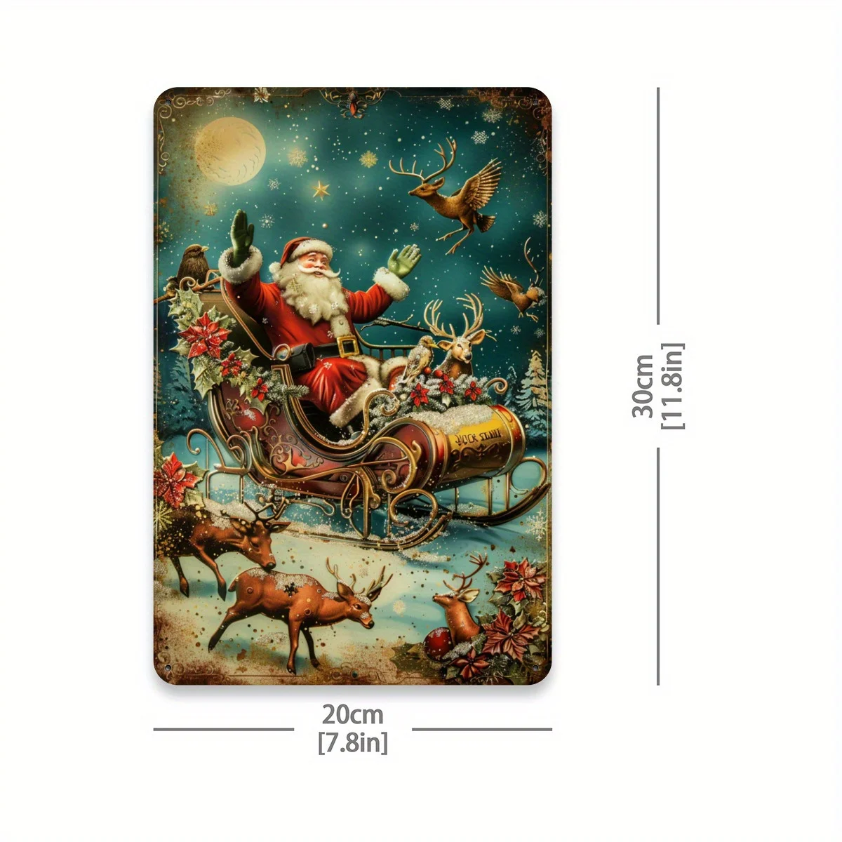 Vintage Santa Metal Tin Sign - 8x12 Inch Festive Wall Art with Santa Claus, Reindeer & Winter Scene - Indoor/Outdoor Holiday Dec