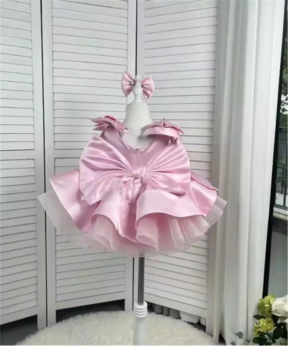 

Elegant Satin Flower Girl Wedding Dress Sleeveless with Bow Layered Princess Birthday Party Dress Kids Holy Communion Ball Gown