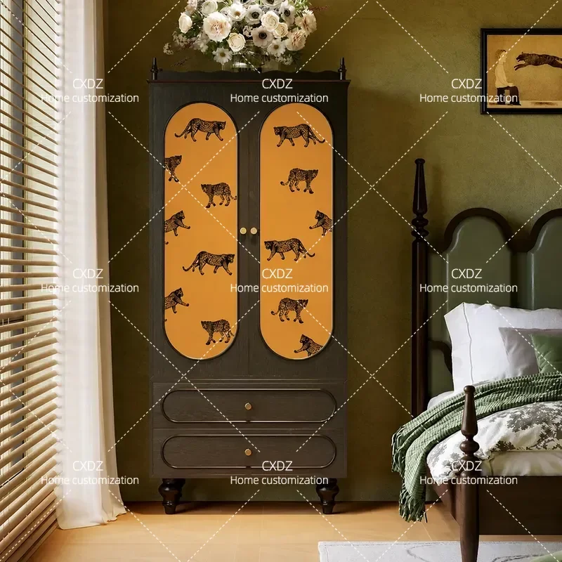 Medieval Style Golden Leopard Print Solid Wood Wardrobe 6 Drawer Storage Cabinet for Living Room Entryway Household Organizer