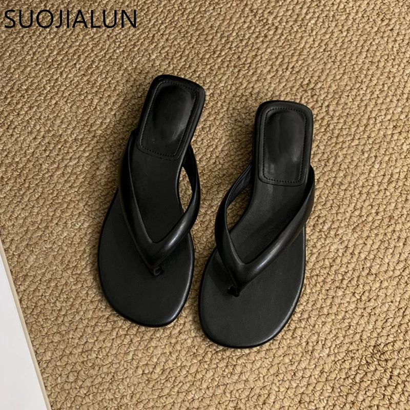 SUOJIALUN 2023 Summer Square Low Women Flip Flop Shoes Fashion Narrow Band Ladies Casual Slipper Outdoor Vaction Beach Slides Sa