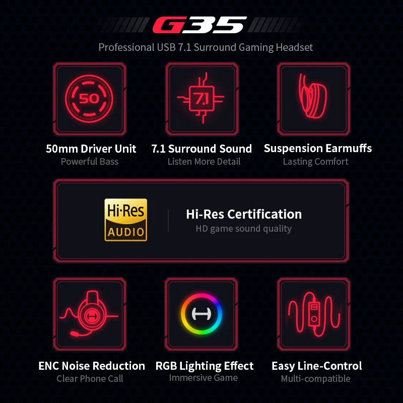 Edifier-auriculares USB para Gaming HECATE G35, cascos con sonido envolvente 7,1, controlador de 50mm, micrófono desmontable, Control en línea, Audio de alta resolución