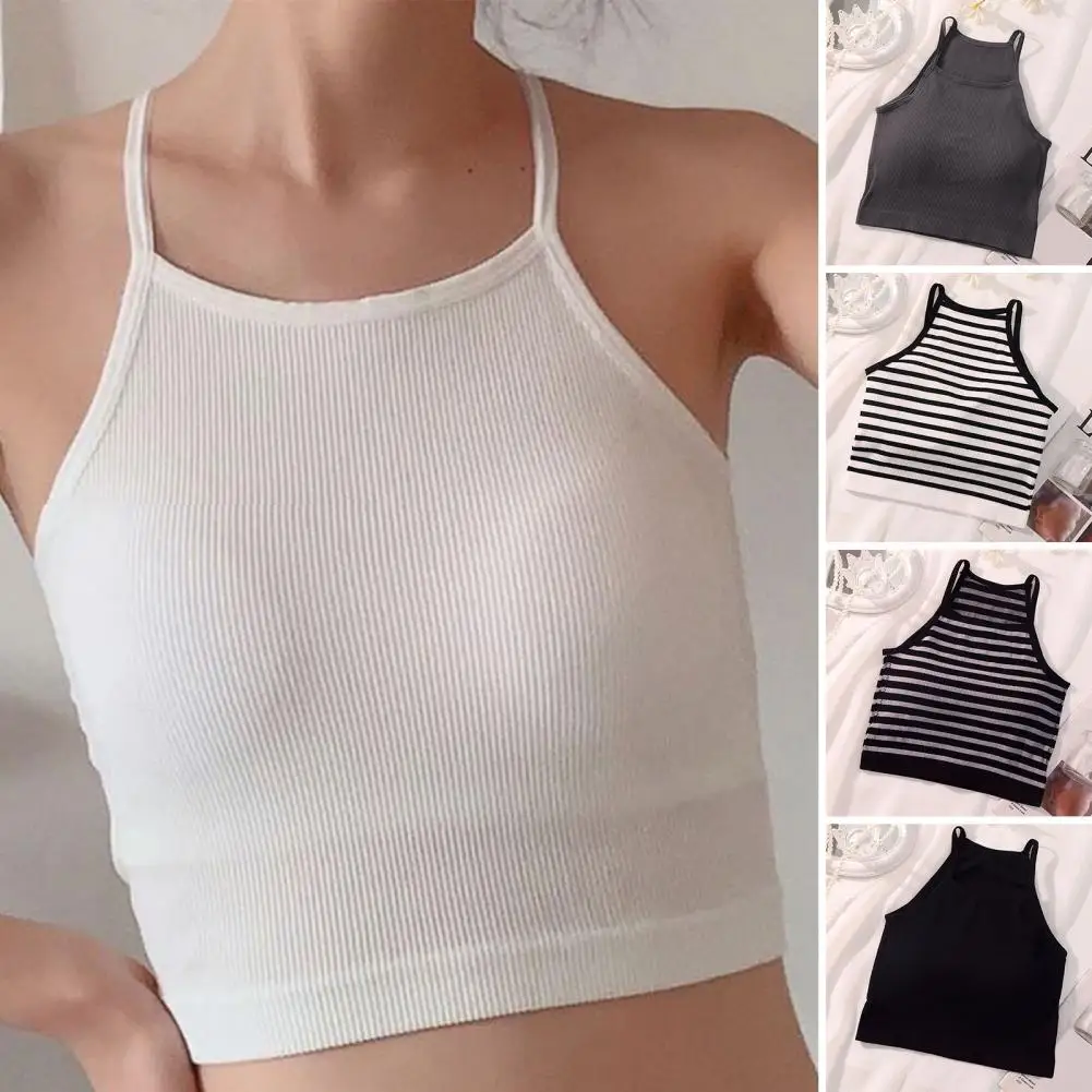 Women Spaghetti Strap Vest Stylish Spaghetti Strap Crop Top with Chest Pad for Women Breathable Tank Top Fashion Outer for Wear