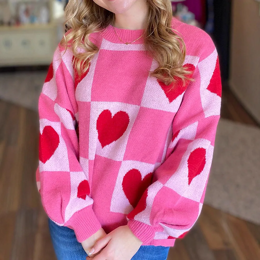 

Spring Pullovers Sweaters Women Knitted Jumpers Plaid Heart Round Neck Long Sleeves Slight Strech Loose Fit Casual 2026 Autumn