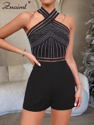 Znaiml Sexy Rhinestone Mesh See Through Short Jumpsuit Woman Black One Pieces Evening Christmas Party Playsuits Birthday Rompers