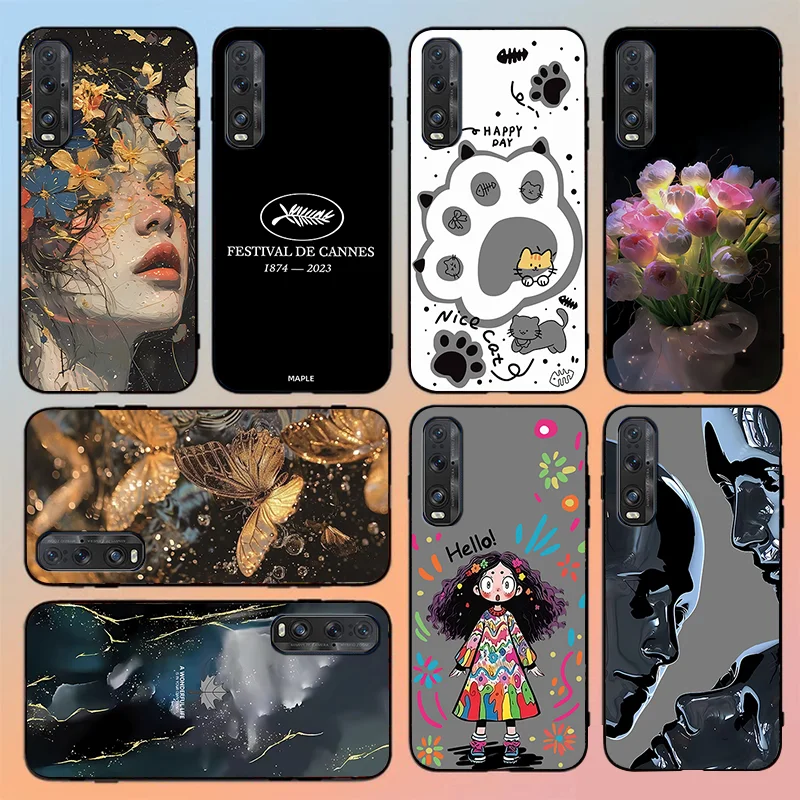 Flower in Dream Oil Painting Girl For OPPO Find X2 Silver Cannes TPU Black Soft Phone Case for oppo find X2 Creative Cat Claw