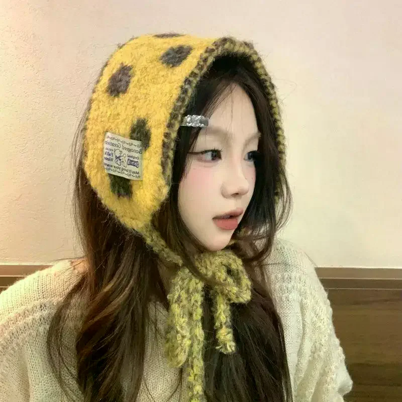 

Зимние вязаные наушники для девочек, милые цветные женские наушники в горошек с ремешком, защита ушей, женские теплые универсальные наушники