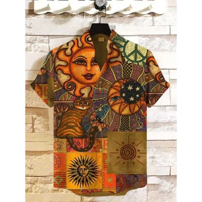 Camisa masculina de mistura de linho com estampa artística da mitologia do sol, harajuku, fita cassete retrô, blusas de verão, gola havaiana, roupas