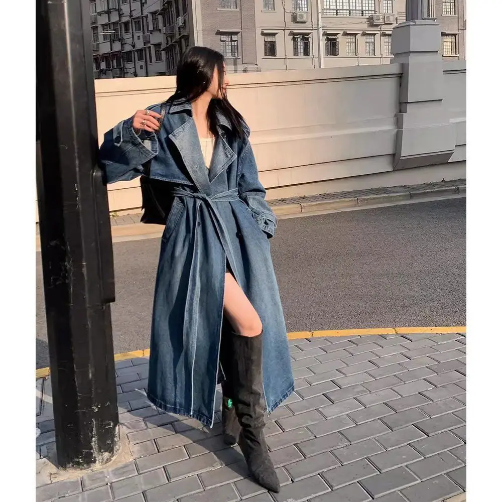 

SuperAen 2025 Autumn and Winter New Spliced Denim Trench Coat for Women Loose Retro Blue Oversize Casual Long Coats
