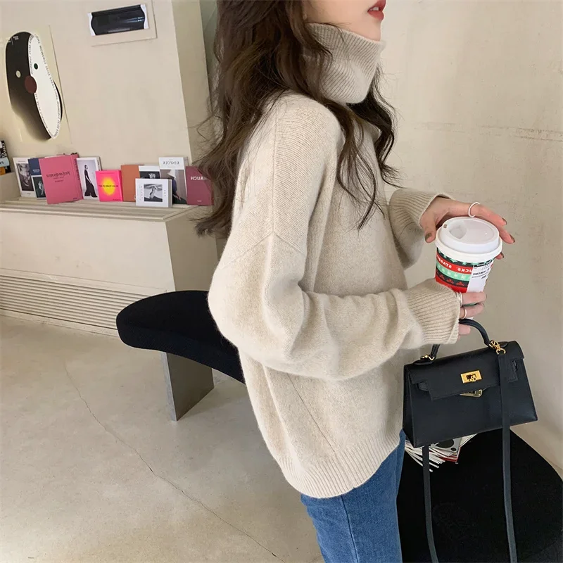 High Neck Sweater For Women Loose Casual Pullovers Autumn Winter Cashmere Thick Turtleneck Knitted Women\'s Long Sleeve Top 2024