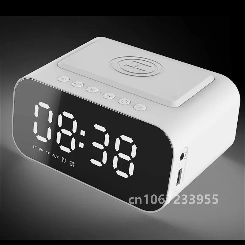 Digital Alarm Clock Bluetooth Speaker FM Radio Wireless Charger Phone Charging Pad  USB Fast Charger Table Clock