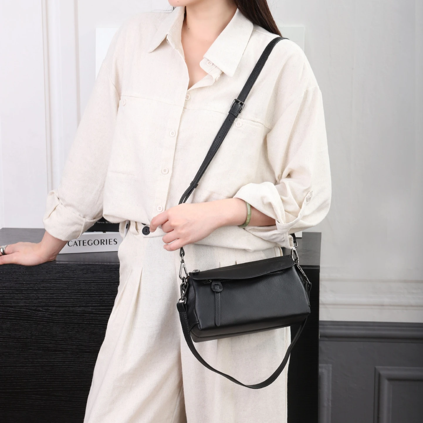 Women's Natural Pebbled Leather Crossbody - More Pocket Work-to-Evening Shoulder Bag, Soft Leather Tote with Adjustable Strap