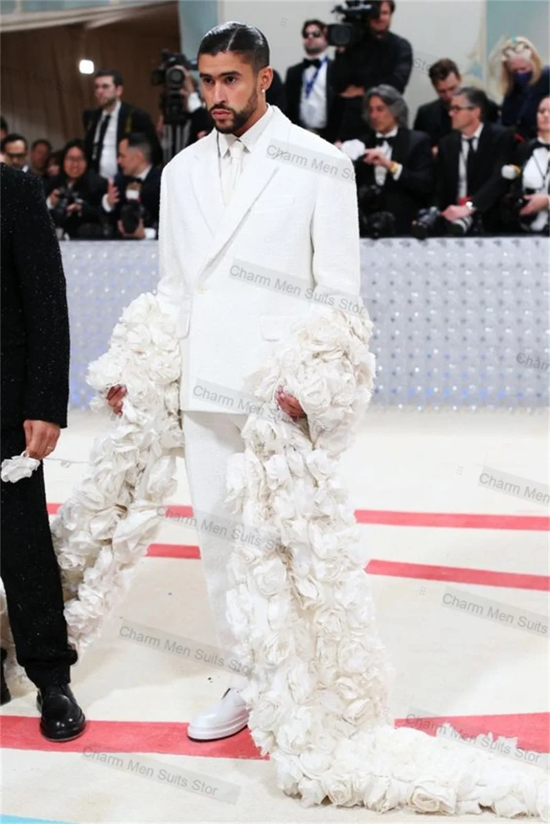 Conjunto de trajes formales blancos para hombre, chaqueta hecha a medida con flor 3D, esmoquin de boda, alfombra roja, abrigo de graduación, 2 piezas