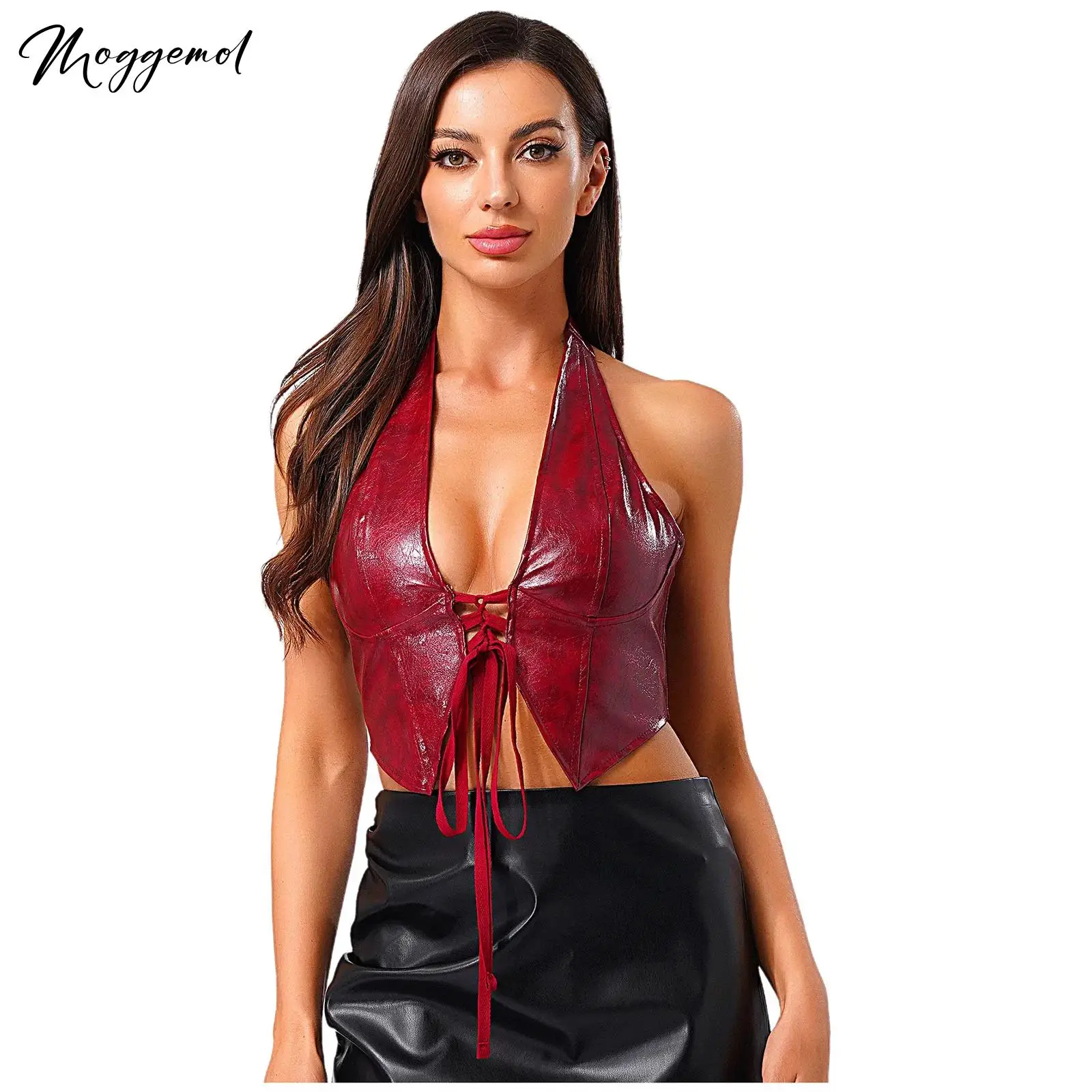 

Womens Sexy PU Leather Vest Halter Deep V Neck Front Lace-up Pointed Hem Backless Crop Tops Tank Tops for Club Halloween Party