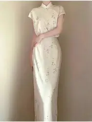 2023 donne Beige migliorato lungo Cheongsam Vintage abito floreale manica corta costumi in stile cinese abito da sera da sposa S a Xxl