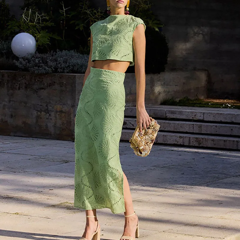 

Summer Solid Color Slim Vacation Set Casual Women High Waist Long Skirts Outfit Lace Hollow Out O-neck Crop Tops&Half Skirts Set