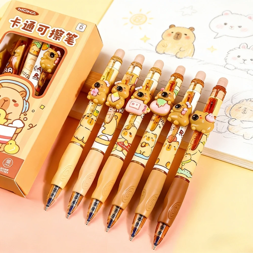 

Набор из 6 стираемых гелевых ручек Kawaii Capybara с синими чернилами 0,5 мм, для коррекции осанки, с ластиком, школьные канцелярские принадлежности