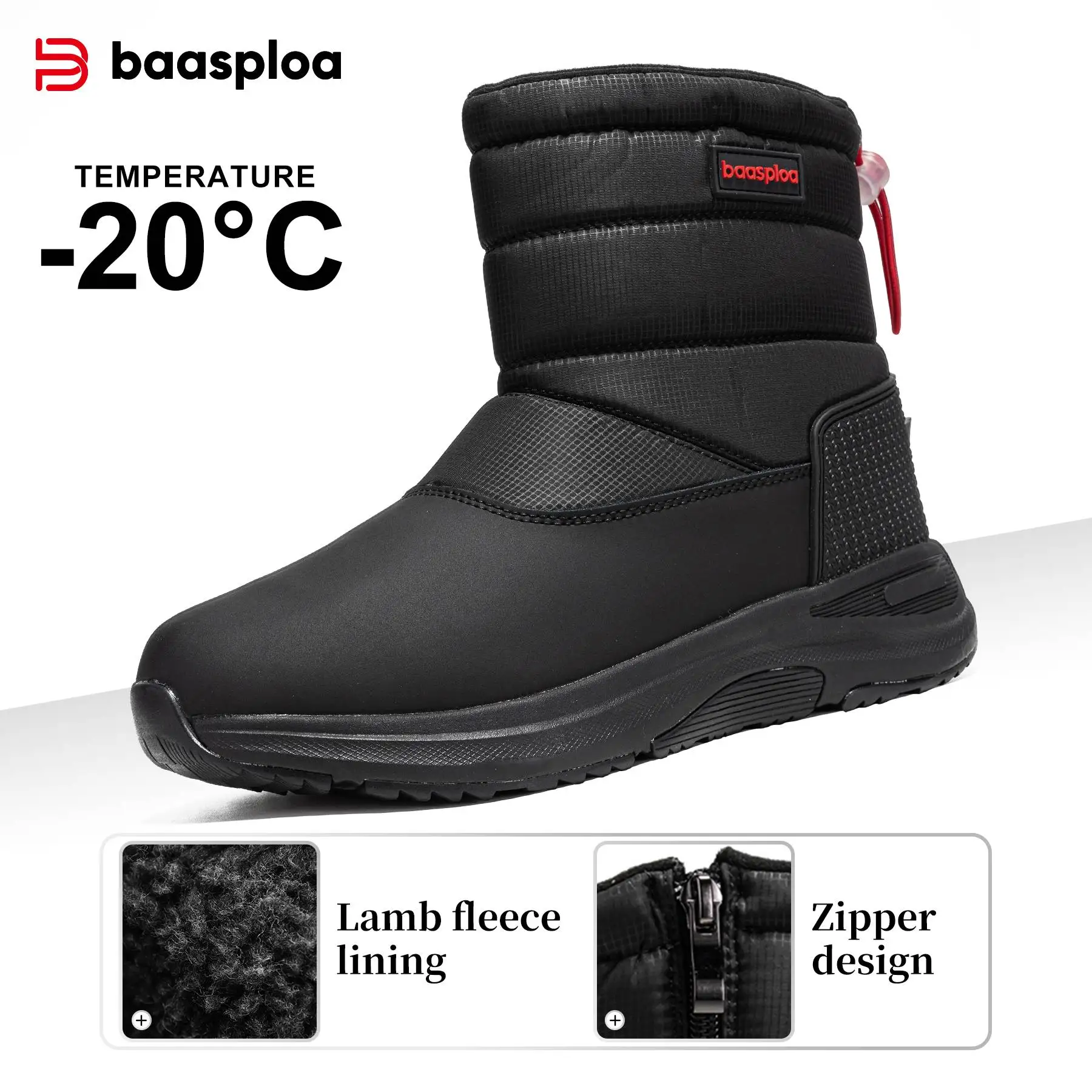 

Baasploa Men Snow Boots Anti Splash Water Winter Cotton Shoes Male New Comfort Plush Warm Walking Shoes Non-Slip Wear Resistant