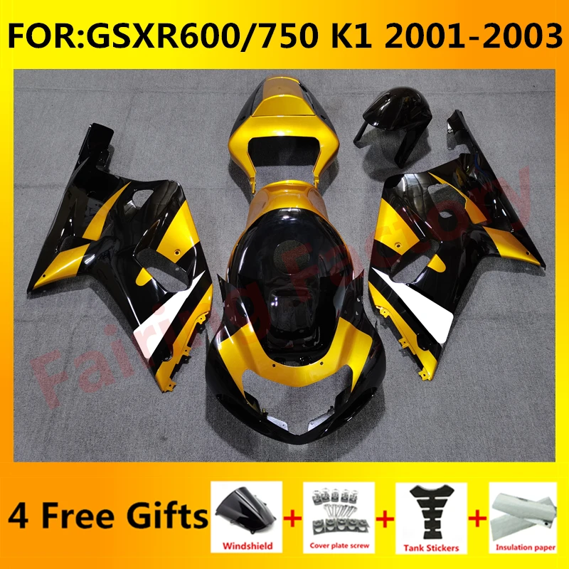 

NEW ABS Motorcycle Whole Fairing kit fit for GSXR600 750 GSXR 600 GSX-R750 K1 2003 2001 2002 full Fairings kits set gold black