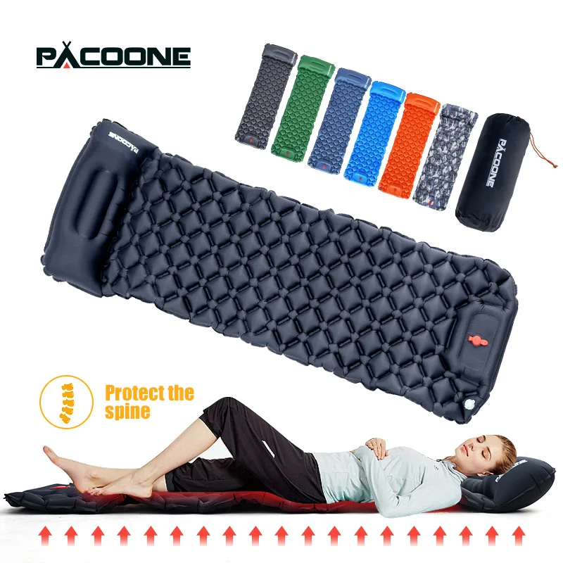 PACOONE Ultralight Outdoor Camping Sleeping Pad  Air Mat Inflatable Mattress with Pillows  Built-in Inflator Pump Travel Hiking