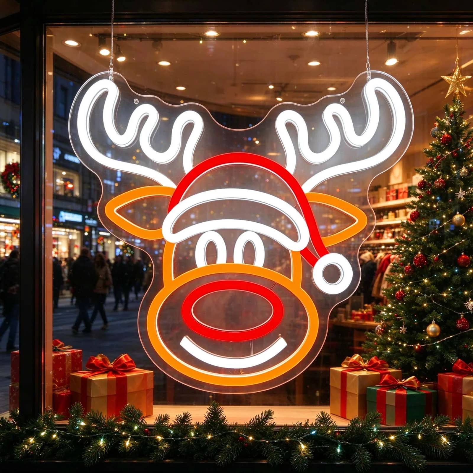 Christmas Reindeer Neon Sign LED Light with Santa Hat Red Nose Rudolph Style Christmas Decor for Home Shop Window Wall Xmas Party Decorations Gift