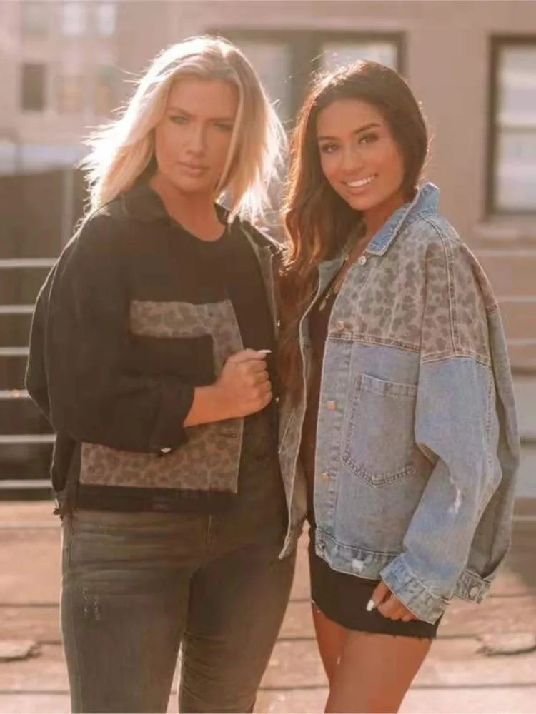 

Весенние винтажные джинсовые пальто с леопардовым принтом для женщин, осенняя мода, длинные рукава, отложной воротник, пальто на пуговицах, женская одежда