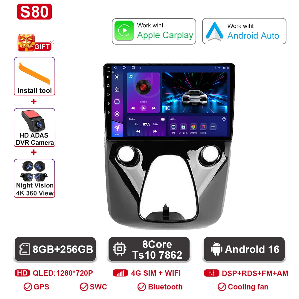 Autoradio Android navigatie GPS Android Auto stereo Carplay scherm No2 DIN DOM voor Toyota Aygo Peugeot 108 Citroen C1 2016-2020