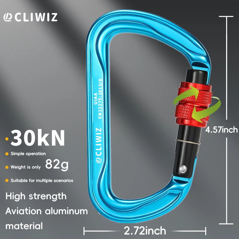 Mosquetón Profesional para Exteriores CLIWIZ de 30 kN, Aluminio Aeronáutico 7075, Bloqueo Automático de Seguridad, Tornillo B, con Certificados CE/UIAA