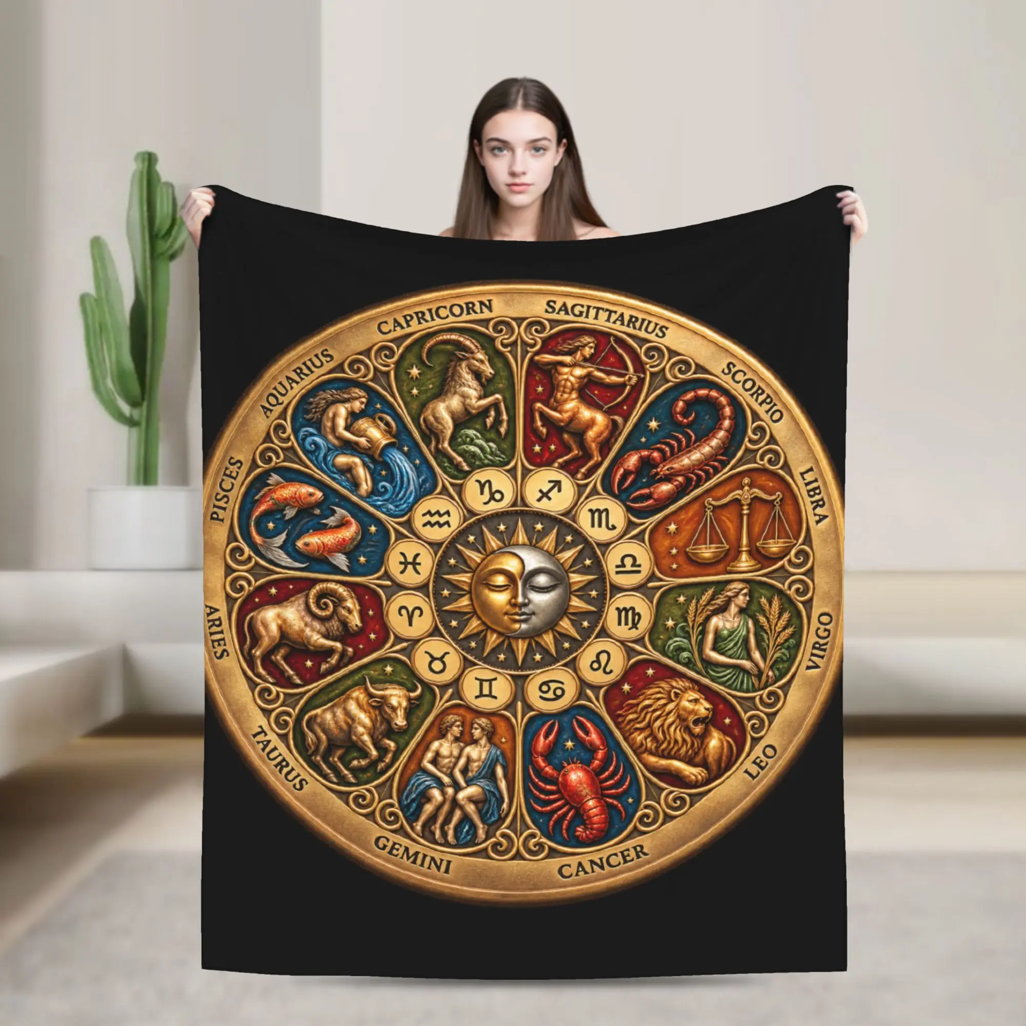 Astrology Lovers12 Zodiac Wheel Signs Astrology Sun Moon Plush Blanket Flannel Throw Blanket For Bedroom Warm Soft Bedspread
