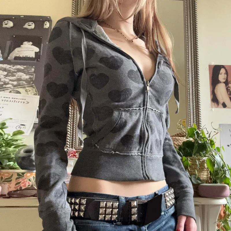 

Hooded Cardigan Sweater Slim Fit Retro Love Print Slim Zipper Waist Long Sleeve Jacket Top