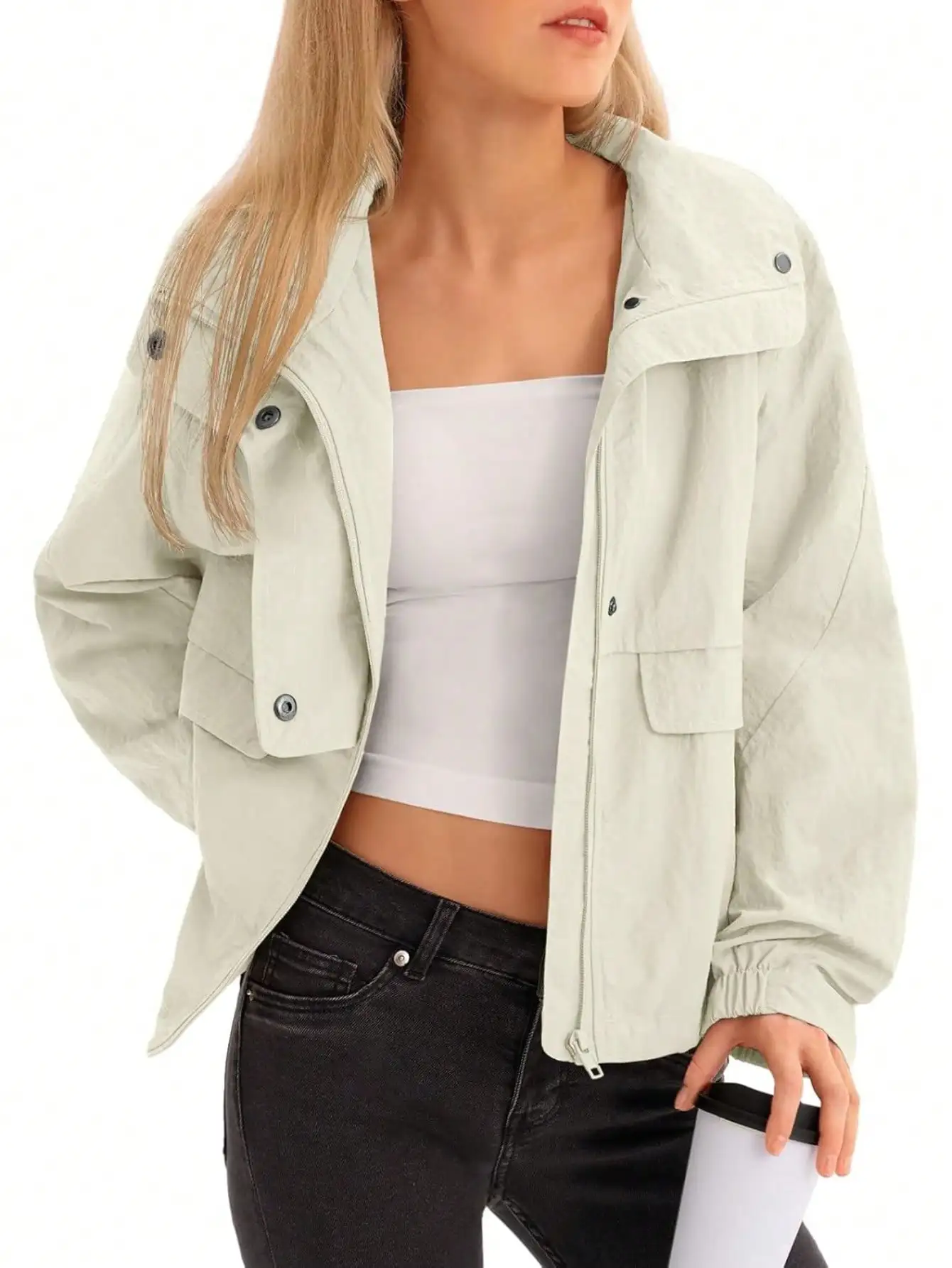 

Fisoew Womens Cropped Jacket Zip Up Lightweight Hooded Trench Coat Active Outdoor Windbreaker Raincoat with Pockets