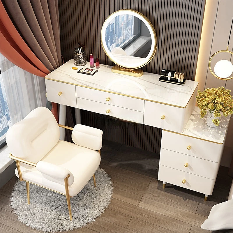 Tocador de maquillaje nórdico con espejo, mueble de dormitorio de lujo con luz móvil, WWH25YH