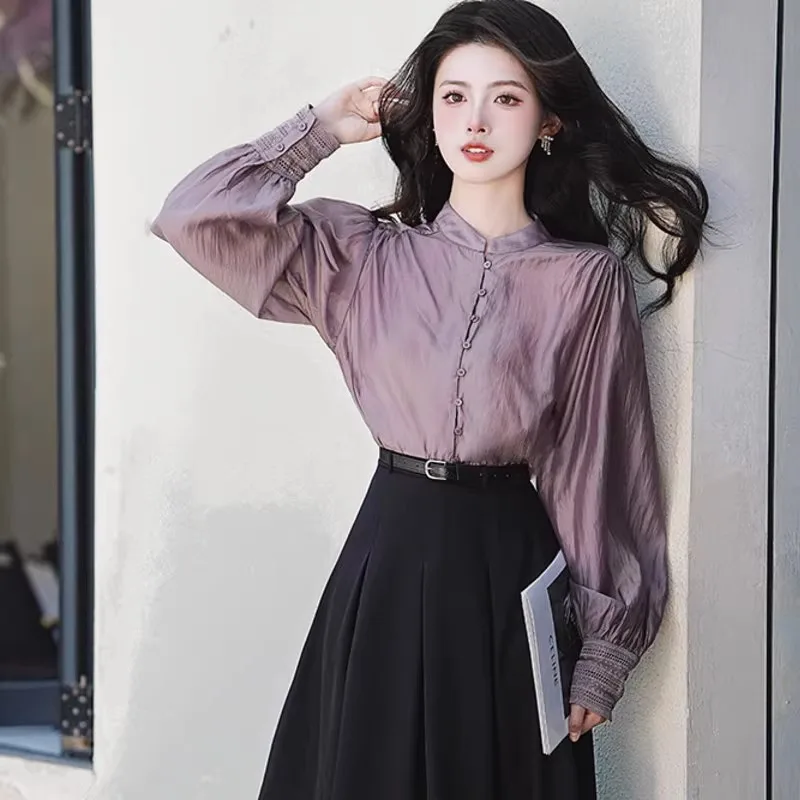 

Early Autumn Fashion Set 2026 New Light Purple Dress Women's Lace Shirt with Half Skirt Two-Piece Set High Waist Straight Cut