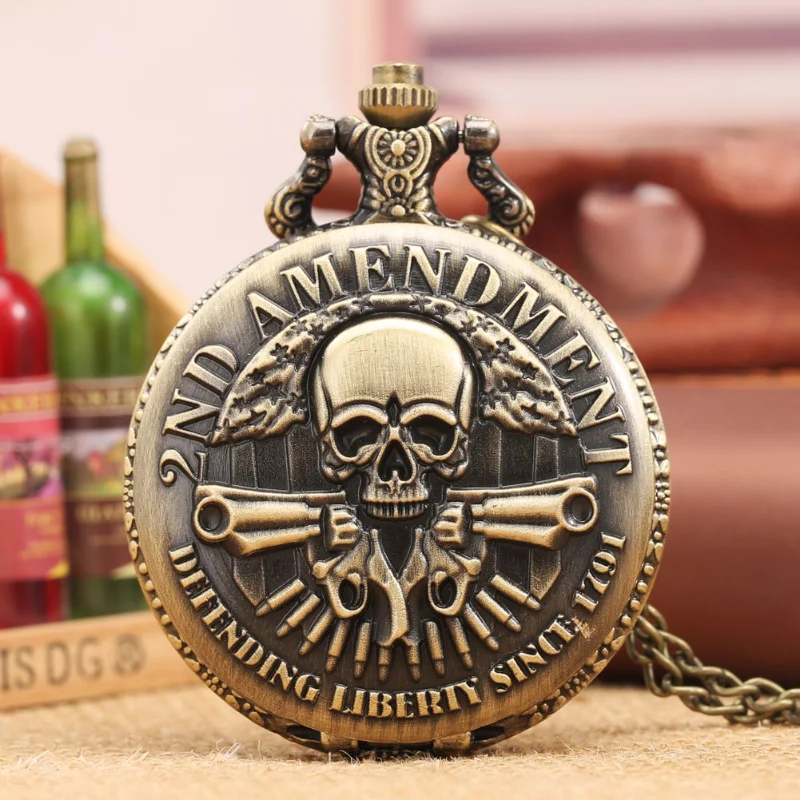 Vintage bronze gun skull defending freedom Second Amendment military quartz necklace Pocket watch pendant for men Halloween Chri