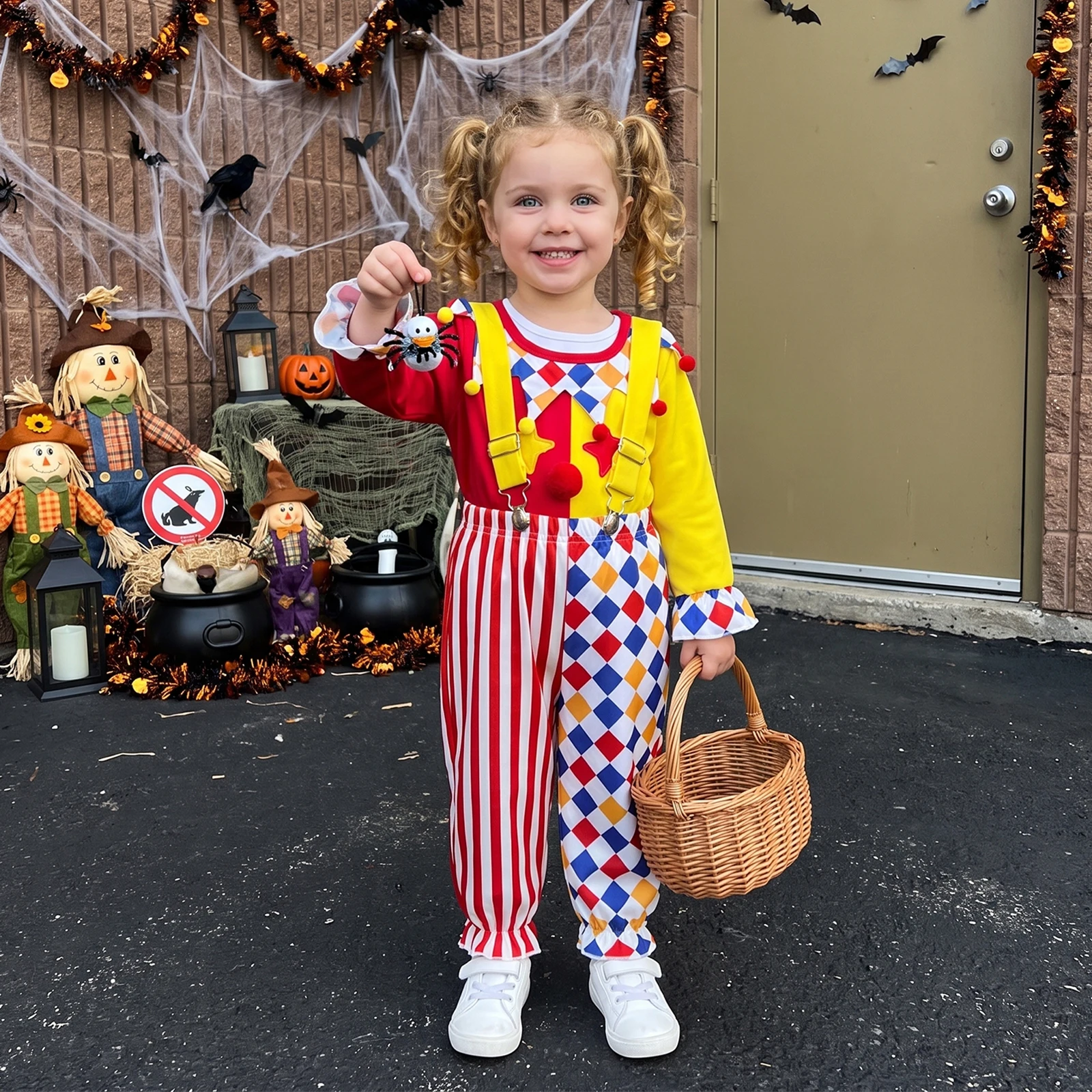 1-5T Toddler Kids Halloween Clown Costume Stripes Colorful Plaid Sweatshirt Overalls Clown Performance Clothes Set
